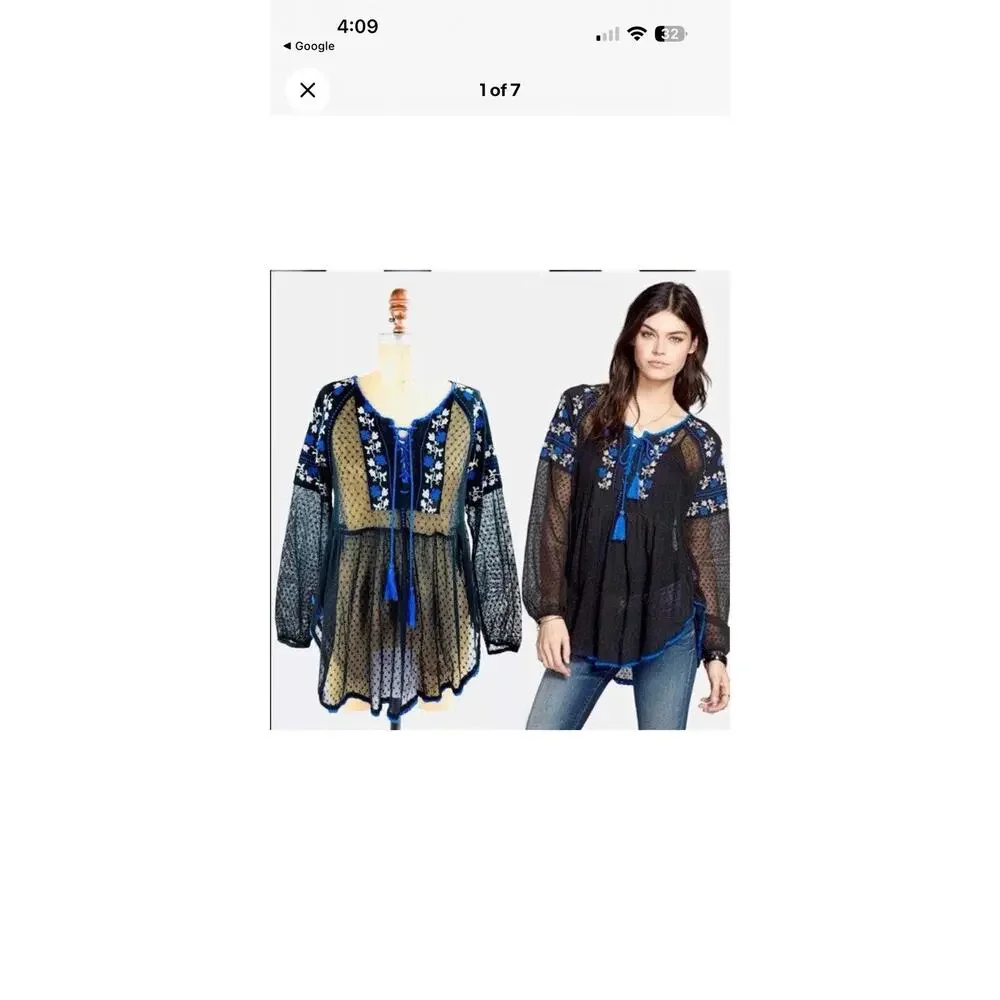 Free People Black Blue Embroidered Tassel Lace Blouse XS Boho Festival Y2K